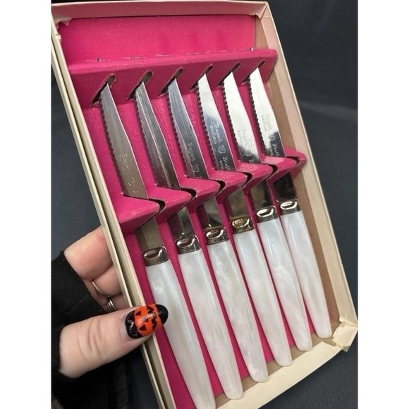 Regent Sheffield‎ England Knife Set MOP Pearl Handle Vintage Stainless Boxed 6pc